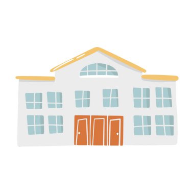 Cute doodle school building in hand drawn style, design children nursery area, room, map and textile cartoon vector illustration, isolated on white. Colorful sketch childhood kindergarten place.