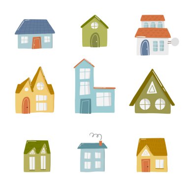 El çizimi şirin karalama evi seti, çocuk odası, oda, kıyafet, harita ve beyaz üzerine izole edilmiş tekstil vektör çizimi. Renkli taslak, çocukluk evi yerleşim alanı.