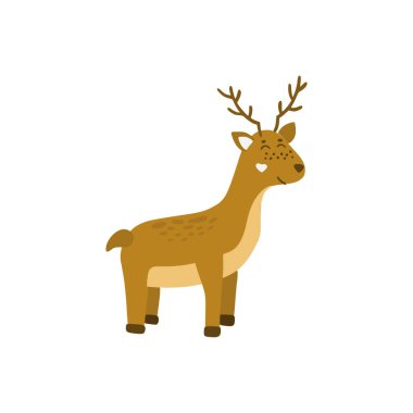 Beyaz boynuzları olan sevimli, gülümseyen bir geyik. Vahşi hayvan çocuk düz vektör çizimi. El çizimi karikatür geyik tasarımı ögesi