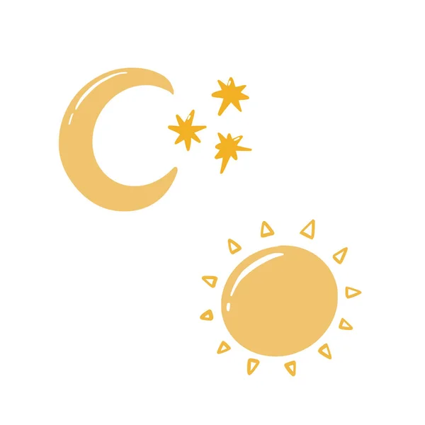 月亮和星星在白色上彼此隔离 日夜抽象概念向量涂鸦风格图集 睡前平面卡通图标设计元素 — 图库矢量图片