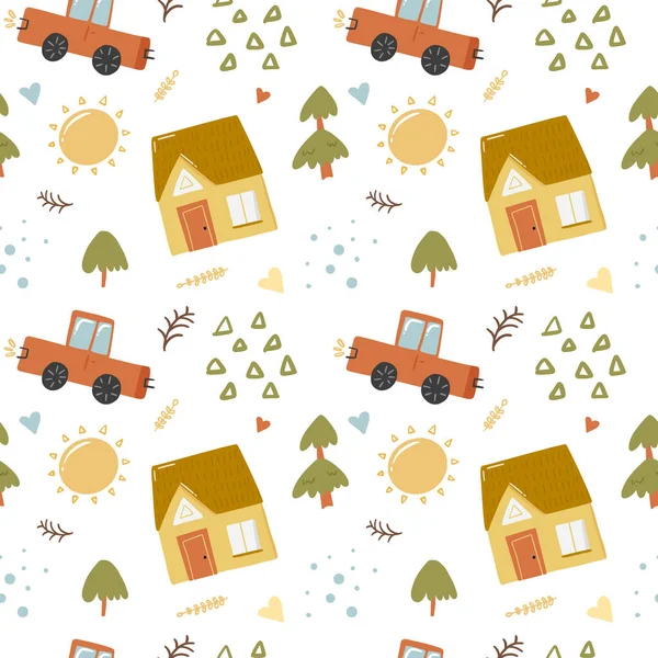 Hand Drawn Town Elements Seamless Pattern Kid Car House Abstract — Stock Vector