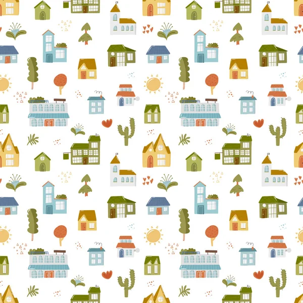 Hand drawn town elements seamless pattern for kid. Building, house, abstract tree plant illustration. Children scandinavian vector background. Cartoon city wrapping paper print design