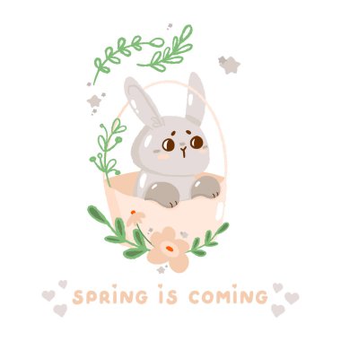 Paskalya tebrik kartı, şirin bahar dini bayramı yavru tavşan ikonu, karikatür karalama vektör çizimi, beyaza izole edilmiş. Mutlu çocukluk zamanları, düz dekorasyon anaokulu..