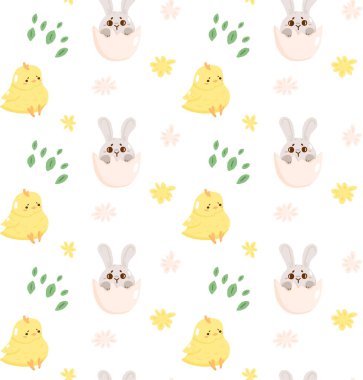 Sevimli paskalya tavşanı desensiz, bahar dini bayramı afişi, tavşan yumurtası avı ikonu, karikatür karalama vektör çizimi, doku geçmişi. Mutlu çocukluk zamanları, anaokulu deseni dekorasyonu..