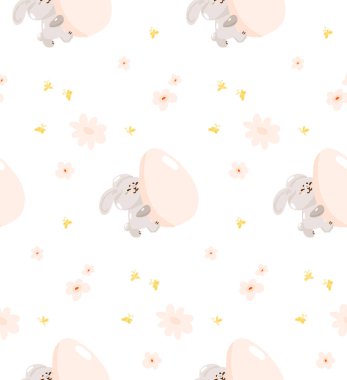 Sevimli paskalya tavşanı desensiz, bahar dini bayramı afişi, tavşan yumurtası avı ikonu, karikatür karalama vektör çizimi, doku geçmişi. Mutlu çocukluk zamanları, anaokulu deseni dekorasyonu..