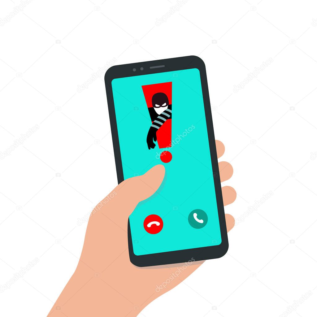 Incoming Spam Call to a smartphone. Hacker attack. The concept of spam data, insecure connection, online fraud and malware through fake calls, phishing, social engineering. Vector illustration