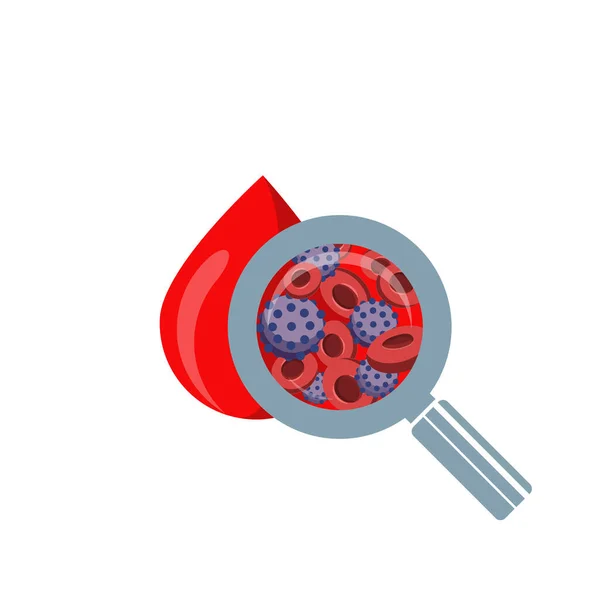 Esame dei campioni di sangue per virus, AIDS e HIV. Analisi del sangue di laboratorio. Diagnostica medica utilizzando un campione di goccia di sangue. Illustrazione vettoriale isolata su un bianco — Vettoriale Stock