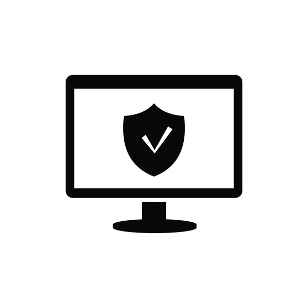 A computer and a shield with a check mark icon on the screen. The concept of the protection of users and confidential information on the Internet. Solid black vector icon isolated — 图库矢量图片