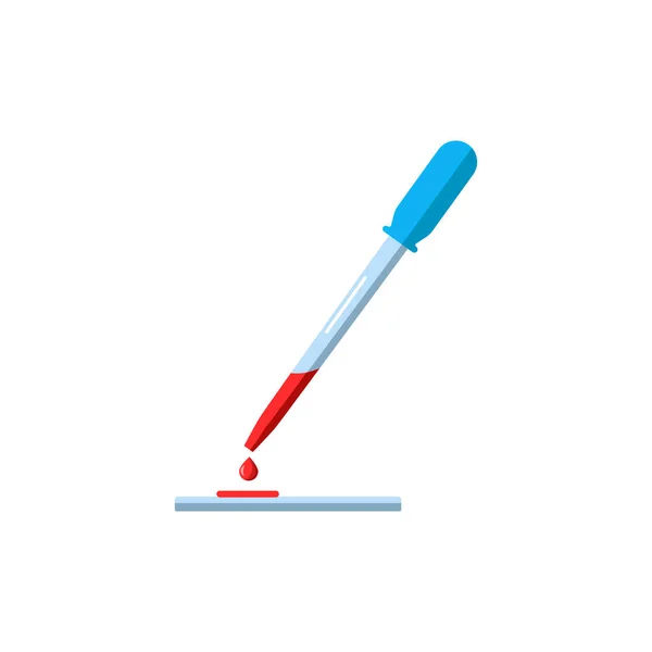 Medical pipette with blood samples for analysis. Blood test on glass. Laboratory research for biochemistry and viruses. Blood donation. Vector illustration isolated on a blue background — Stock vektor