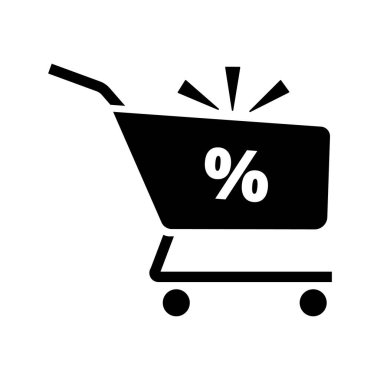 Süpermarket tramvayı ikonu. İndirim, indirim ikonu. Katı siyah vektör simgesi beyaz arkaplanda izole edildi