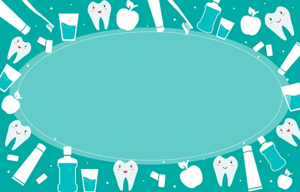 Quadro de cuidados dentários e orais. Modelo de design de banner odontológico pediátrico. Itens para higiene diária da cavidade oral. Lavagem bucal e escova de dentes com pasta, maçã, chiclete, dentes brancos saudáveis. —  Vetores de Stock
