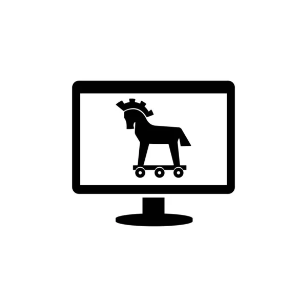 悪意のあるトロイの木馬に感染したコンピュータ。トロイの木馬のシルエット。コンピュータウイルスのシンボル。白い背景に孤立したソリッドブラックベクトルアイコン — ストックベクタ