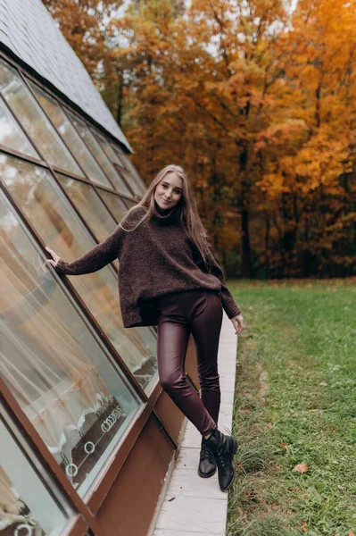 Mooi Meisje Met Blond Lang Haar Herfst Park — Stockfoto