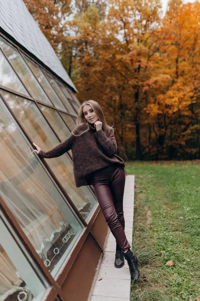 Mooi Meisje Met Blond Lang Haar Herfst Park — Stockfoto