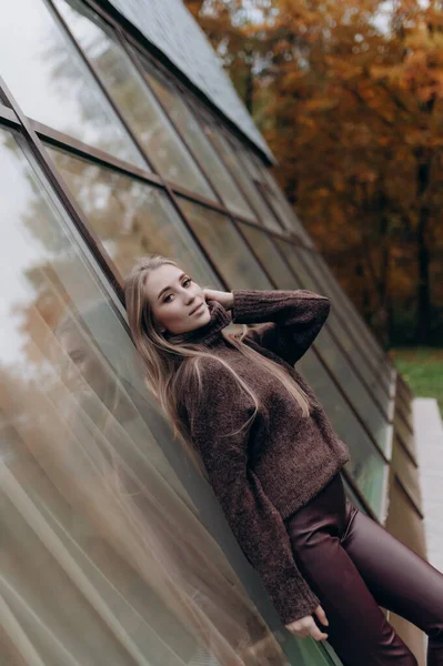 Mooi Meisje Met Blond Lang Haar Herfst Park — Stockfoto