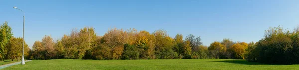 Panoramatický Výhled Zelený Trávník Podzimní Stromy Proti Modré Obloze Pěší — Stock fotografie