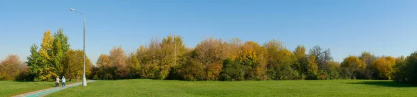 Moskou Rusland Oktober 2021 Panoramisch Uitzicht Het Groene Grasveld Herfstbomen — Stockfoto