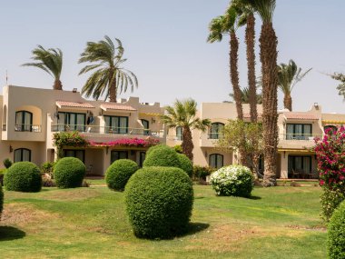 Hurghada, Mısır - 22 Eylül 2021: Evleri, yüksek palmiyeleri ve yeşil yuvarlak çalıları olan güzel otel manzarası.