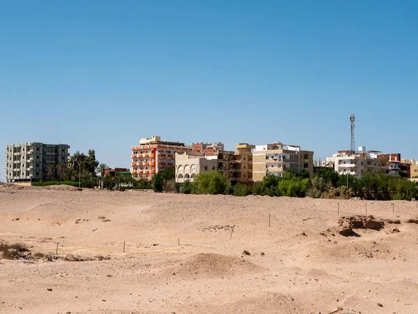 在蓝天的背景下 当地居民的房子被沙漠和棕榈树环绕 复制空间 埃及Safaga — 图库照片