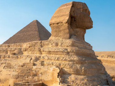 Giza platosundaki Büyük Sfenks heykeli Mısır piramidinin arka planına karşı. Yakın plan..