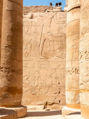 Karnak tapınağında Mısır hiyeroglifleri ve sembolleri olan uzun sütunlar. Dikey. Luxor, Mısır.