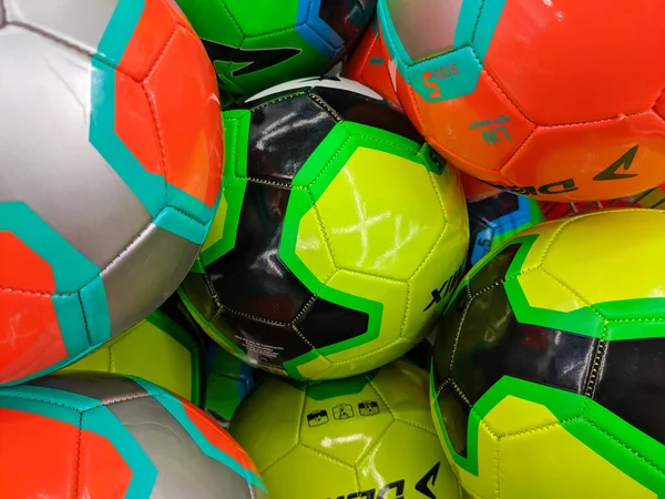 Noyabrsk Russia December 2021 Beautiful Colorful Bright Soccer Balls Close — Stock Photo, Image