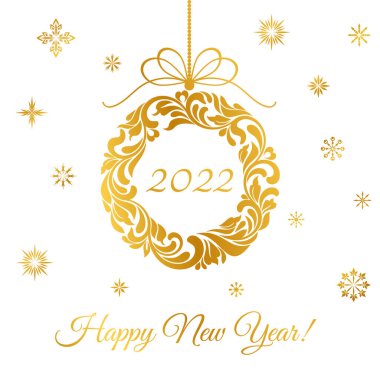 Mutlu yıllar 2022. Soyut çiçeklerden oluşan altın bir Noel çelengi. İçinde 2021 numara var. Kar taneleriyle izole edilmiş beyaz bir zemin. Tebrik kartı, afiş, poster için uygun