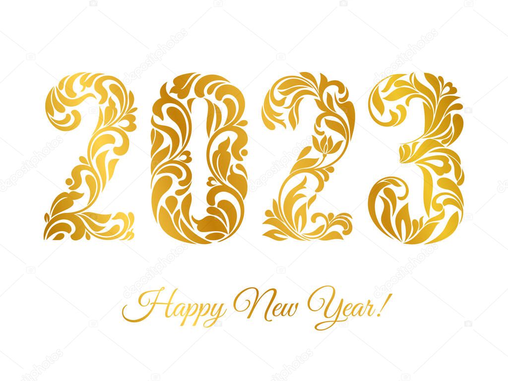 Happy New Year 2023. Golden figures with made in floral ornament isolated on a white background. Suitable for greeting card, banner, poster