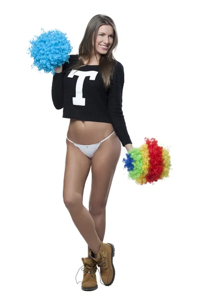 Jolie pom-pom girl avec pompons — Photo