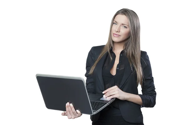Aantrekkelijke zakenvrouw met laptop geïsoleerd op wit — Stockfoto