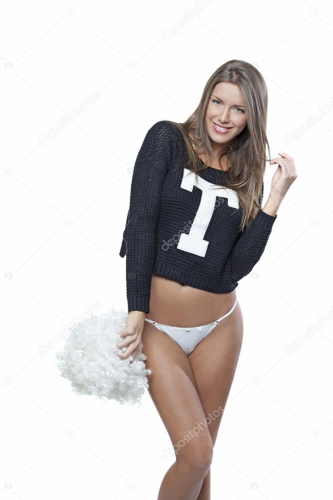 Sexy cheerleader with white pom pom isolated on white
