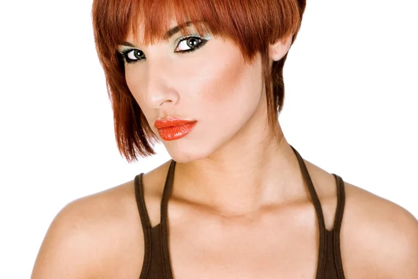 Skönhet porträtt av rött hår kvinna isolerad på vit — Stockfoto