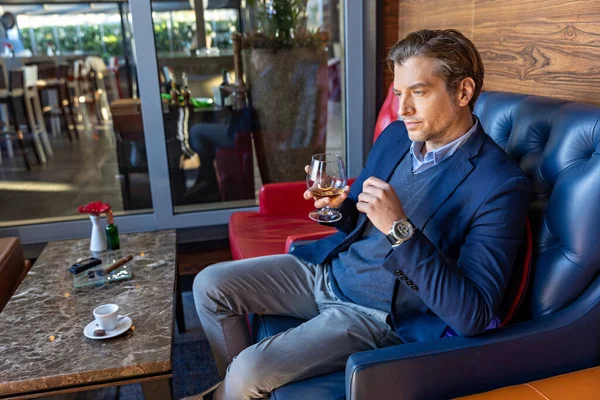 Tasting Degustation Concept Handsome Businessman Casual Suit Glass Whiskey — Fotografia de Stock