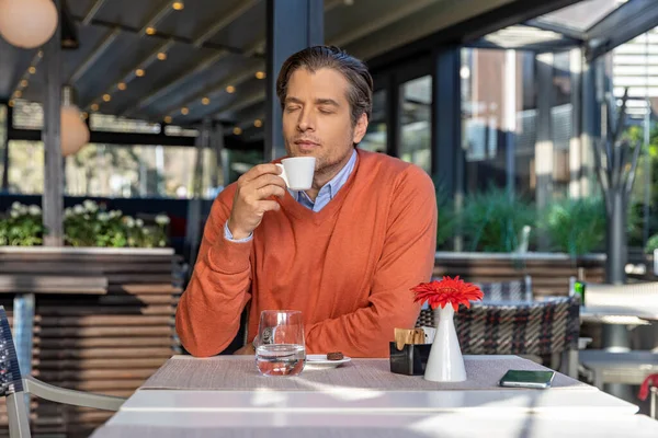 Handsome Man Closed Eyes Holding Hot Morning Coffee — Stock Photo, Image