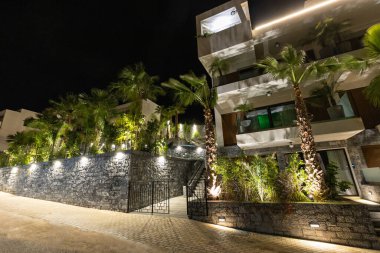 Beautiful hotel with palm trees in the night