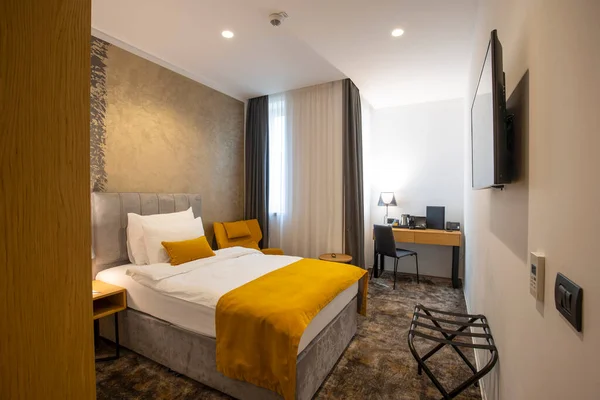 Double bed bedroom hotel room interior