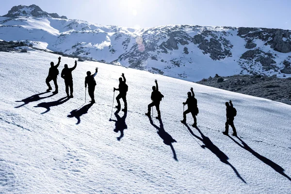 Escalada Invierno Senderismo Deportes Actividades Éxito Cumbre Los Montañeros Profesionales — Foto de Stock