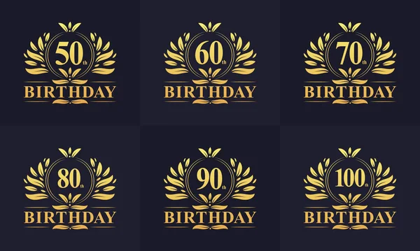 Vintage Retro Birthday Logo Set Luxurious Golden Birthday Logo Bundle — Stockvektor
