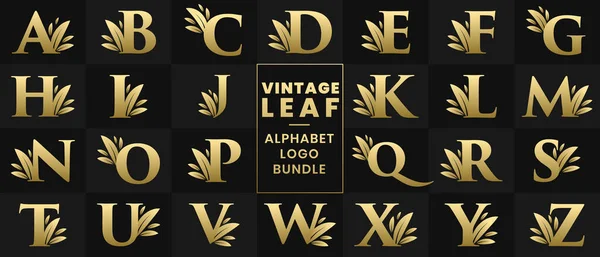 Vintage Leaf Alphabet Logo Bundle Golden Retro Vintage Letter Logo — Vettoriale Stock