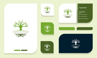 Ağaç logosu şablon tasarımı. Yuvarlak bahçe doğal çizgi sembolü. İşaret levhası olan yeşil bir dal. Vektör çizimi. logo ve kartvizit
