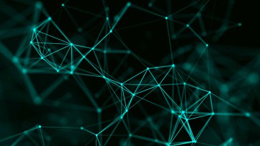 Uzayda üçgen şekillerin dağılımı. Koyu yeşil arkaplandaki çizgiler ve noktalarla birbirine bağlı sayısız figür. Yanıp sönen noktaları olan açık yeşil bir ağ. Üç Boyut