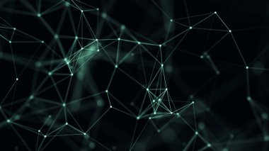 Uzayda üçgen şekillerin dağılımı. Koyu yeşil arkaplandaki çizgiler ve noktalarla birbirine bağlı sayısız figür. Üç Boyut