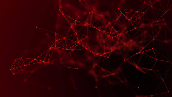 Red abstract space with connecting dots and lines. 3D rendering. Dark background.