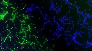 Noktaları ve çizgileri hareket ettiren soyut dijital bağlantı. Teknoloji geçmişi. Ağ bağlantısı yapısı. Pleksus etkisi. Üç boyutlu kusursuz döngü. 4K