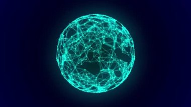 Soyut 3D fütüristik küre. Veri görselleştirme. Parçacıklar ve Enerji akıyor. Fütürist dijital arka plan. 4k