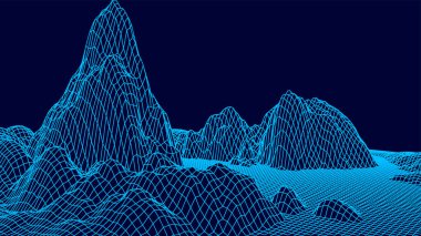 Soyut dijital manzara. Kablo çerçeveli peyzaj. 3d fütüristik vektör çizimi.