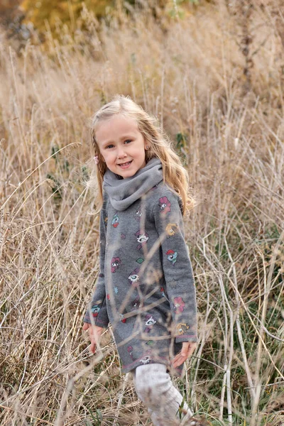 乾いた葦畑で遊んでいる女の子 森の秋の家族の散歩 — ストック写真