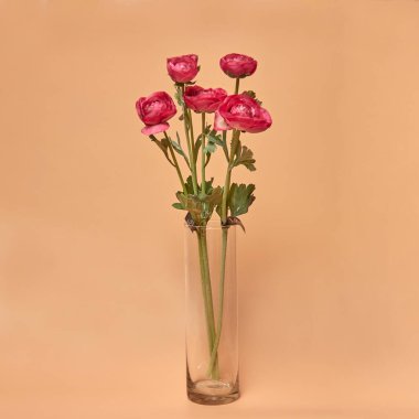 Dekoratif seramik vazo. Çiçek saksısında suni bitkinin güzel çiçek aranjmanı. Ev tasarımında şık iç kompozisyon