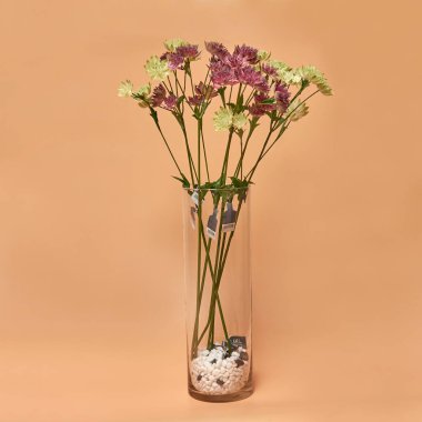 Dekoratif seramik vazo. Çiçek saksısında suni bitkinin güzel çiçek aranjmanı. Ev tasarımında şık iç kompozisyon