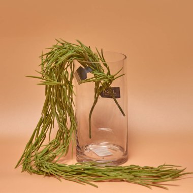 Dekoratif seramik vazo. Çiçek saksısında suni bitkinin güzel çiçek aranjmanı. Ev tasarımında şık iç kompozisyon